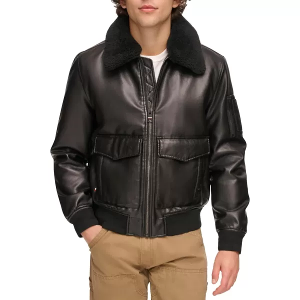 Tommy Hilfiger Mens Faux Leather Bomber JacketBlack Faux Fur Collar