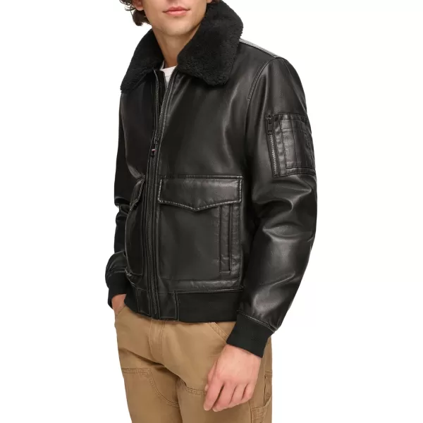 Tommy Hilfiger Mens Faux Leather Bomber JacketBlack Faux Fur Collar