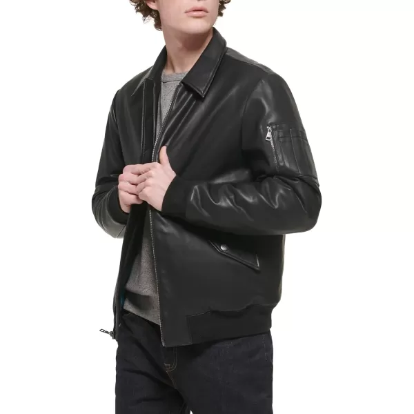 Tommy Hilfiger Mens Faux Leather Bomber JacketBlack Laydown Collar