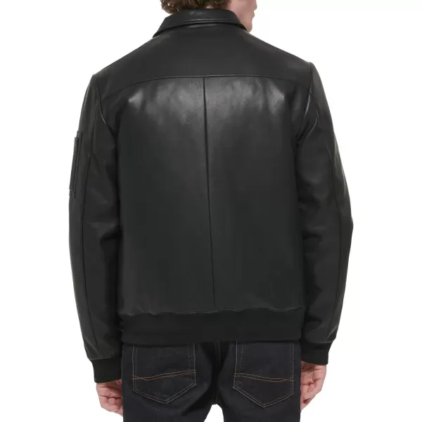 Tommy Hilfiger Mens Faux Leather Bomber JacketBlack Laydown Collar