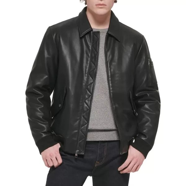 Tommy Hilfiger Mens Faux Leather Bomber JacketBlack Laydown Collar