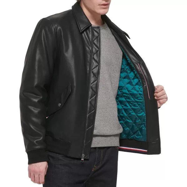 Tommy Hilfiger Mens Faux Leather Bomber JacketBlack Laydown Collar