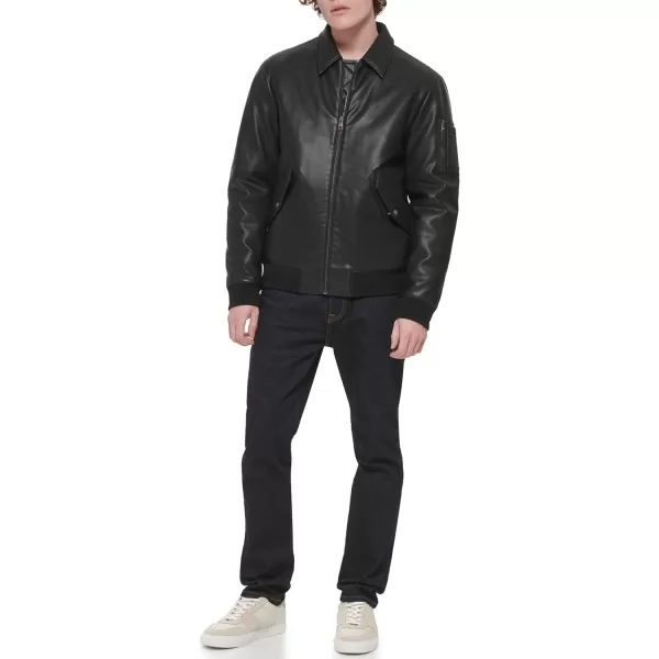 Tommy Hilfiger Mens Faux Leather Bomber JacketBlack Laydown Collar