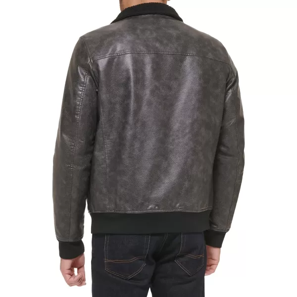 Tommy Hilfiger Mens Faux Leather Bomber JacketBlack Sherpa Collar