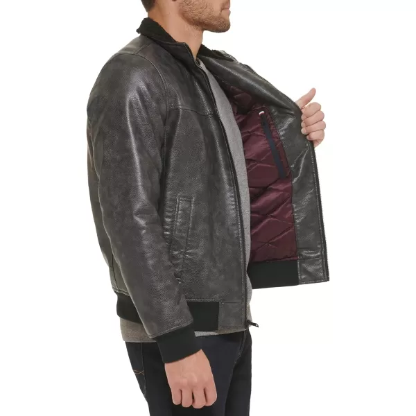 Tommy Hilfiger Mens Faux Leather Bomber JacketBlack Sherpa Collar