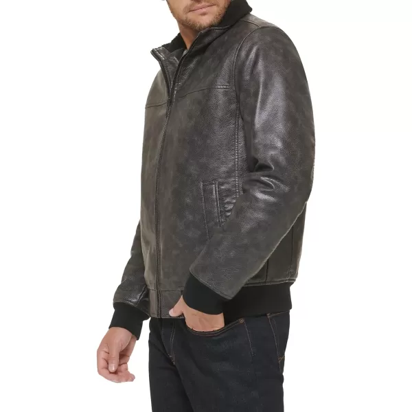 Tommy Hilfiger Mens Faux Leather Bomber JacketBlack Sherpa Collar