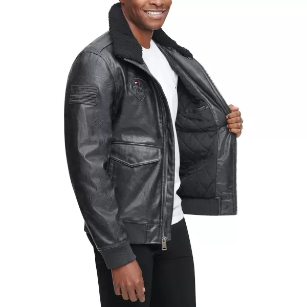 Tommy Hilfiger Mens Faux Leather Bomber JacketBlackPatches