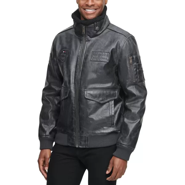 Tommy Hilfiger Mens Faux Leather Bomber JacketBlackPatches