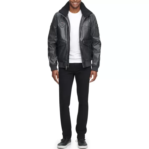 Tommy Hilfiger Mens Faux Leather Bomber JacketBlackPatches