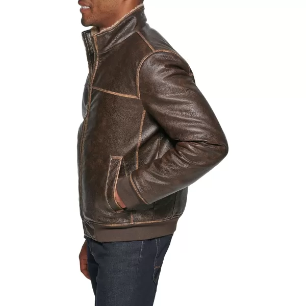 Tommy Hilfiger Mens Faux Leather Bomber JacketBrown Sherpa Collar