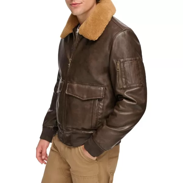 Tommy Hilfiger Mens Faux Leather Bomber JacketDark Brown Faux Fur Collar