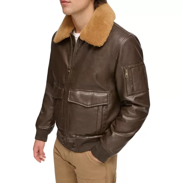 Tommy Hilfiger Mens Faux Leather Bomber JacketDark Brown Faux Fur Collar