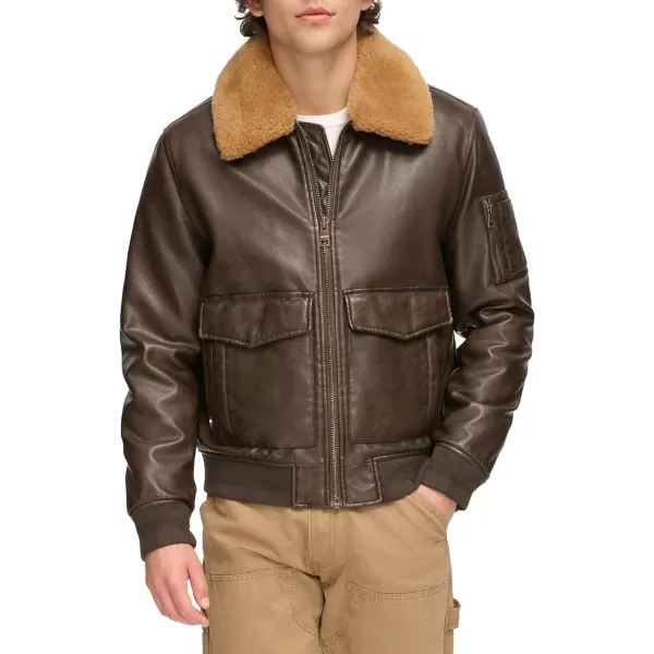 Tommy Hilfiger Mens Faux Leather Bomber JacketDark Brown Faux Fur Collar