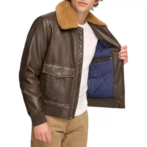 Tommy Hilfiger Mens Faux Leather Bomber JacketDark Brown Faux Fur Collar