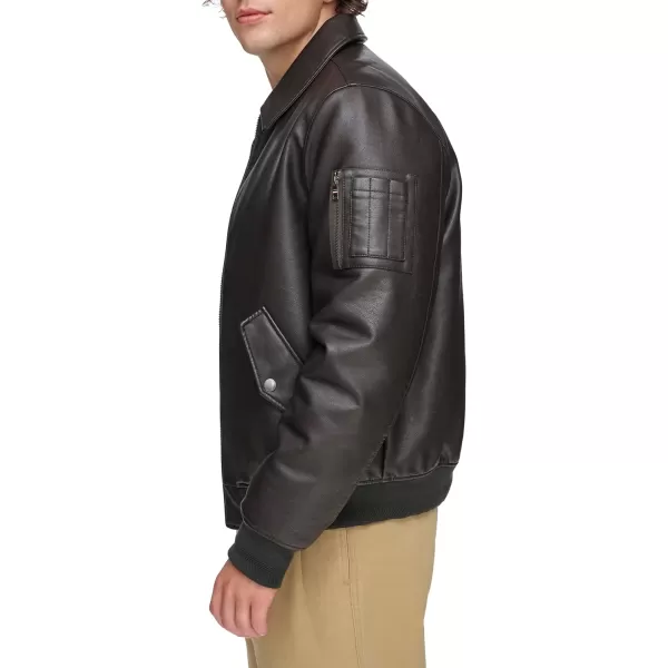 Tommy Hilfiger Mens Faux Leather Bomber JacketDark Brown Laydown Collar