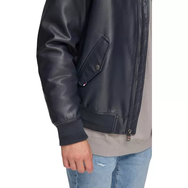 Tommy Hilfiger Mens Faux Leather Bomber JacketNavy Laydown Collar