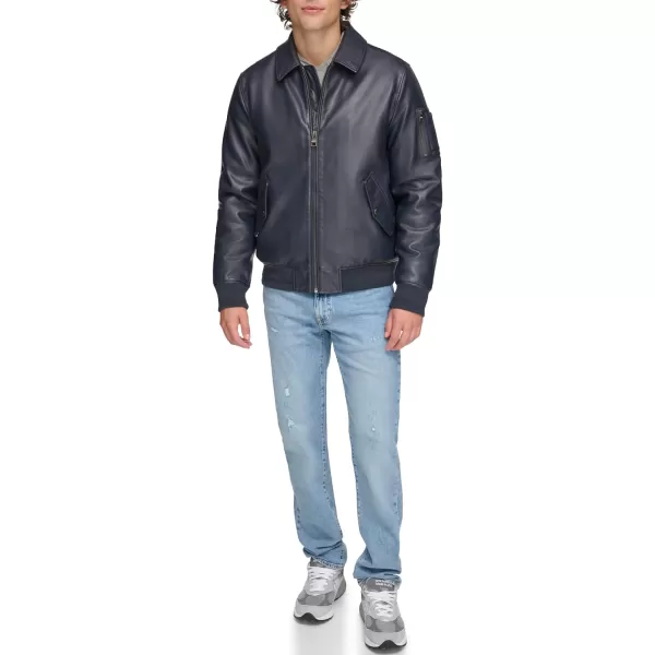 Tommy Hilfiger Mens Faux Leather Bomber JacketNavy Laydown Collar