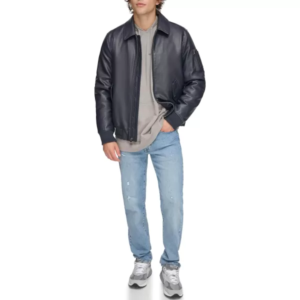 Tommy Hilfiger Mens Faux Leather Bomber JacketNavy Laydown Collar