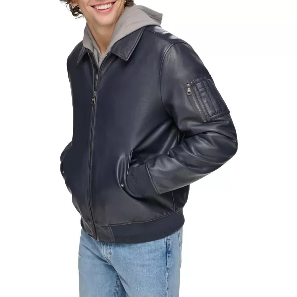 Tommy Hilfiger Mens Faux Leather Bomber JacketNavy Laydown Collar