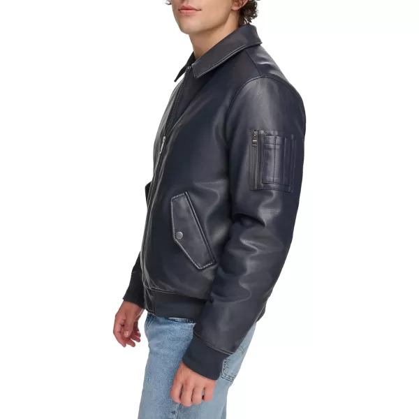 Tommy Hilfiger Mens Faux Leather Bomber JacketNavy Laydown Collar