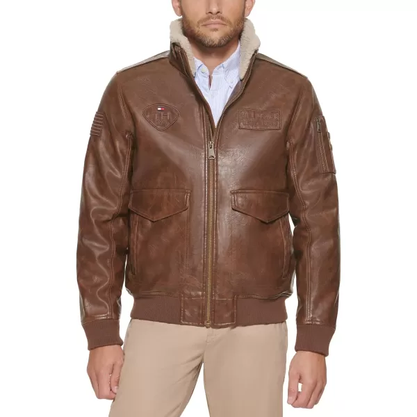 Tommy Hilfiger Mens Faux Leather Bomber JacketSaddlePatches