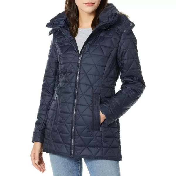 Marc New York by Andrew Marc womens Chevron Quilted Down Jacket with Removable Faux Fur HoodNavy  Removable Hood