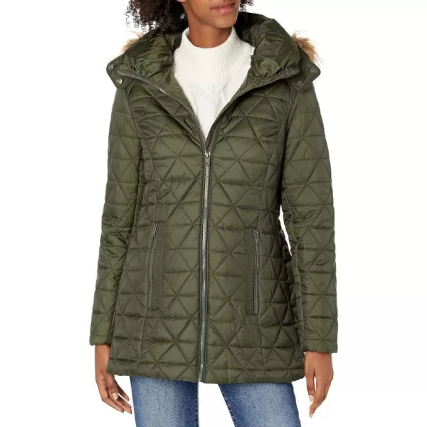 Marc New York by Andrew Marc womens Chevron Quilted Down Jacket with Removable Faux Fur HoodOlive  Removable Hood