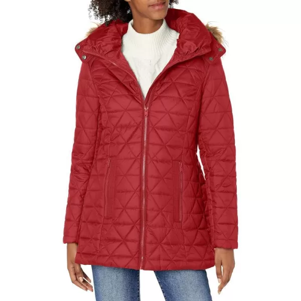 Marc New York by Andrew Marc womens Chevron Quilted Down Jacket with Removable Faux Fur HoodRed  Removable Hood