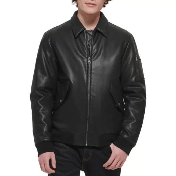 Tommy Hilfiger Mens Faux Leather Bomber JacketBlack Laydown Collar