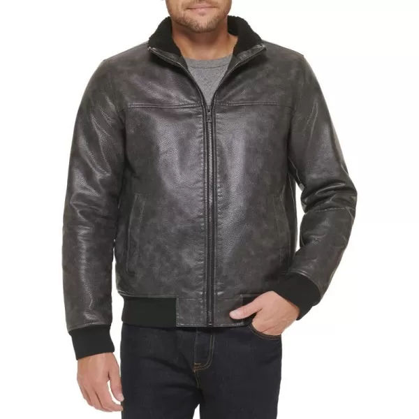 Tommy Hilfiger Mens Faux Leather Bomber JacketBlack Sherpa Collar