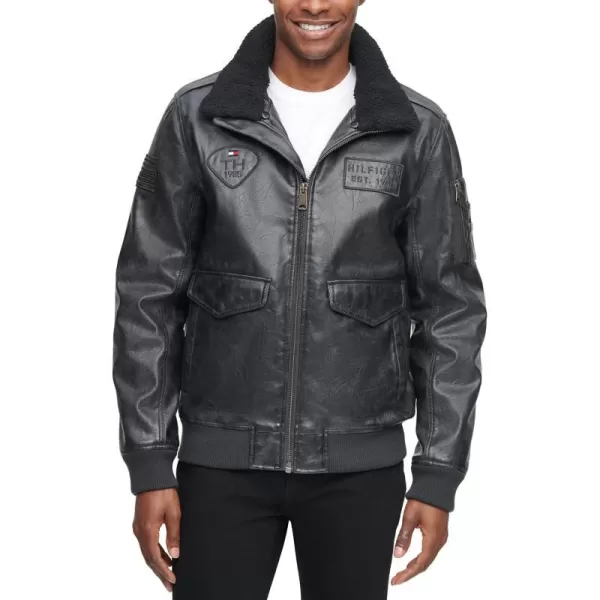 Tommy Hilfiger Mens Faux Leather Bomber JacketBlackPatches