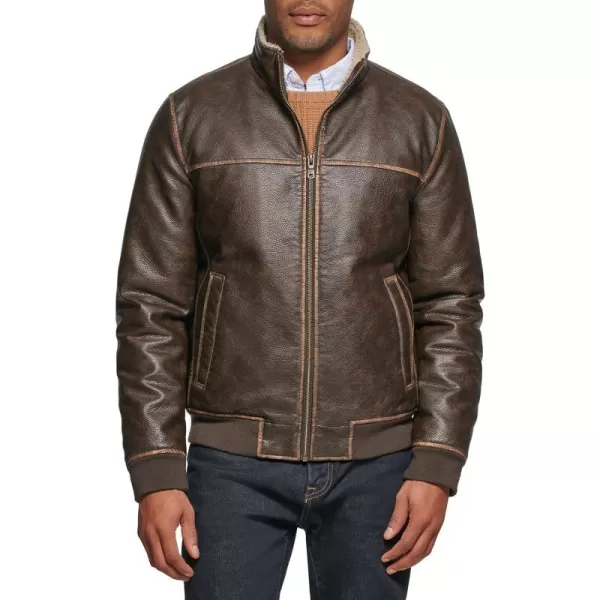 Tommy Hilfiger Mens Faux Leather Bomber JacketBrown Sherpa Collar