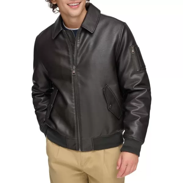 Tommy Hilfiger Mens Faux Leather Bomber JacketDark Brown Laydown Collar