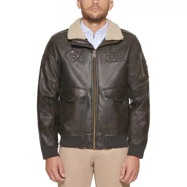 Tommy Hilfiger Mens Faux Leather Bomber JacketMedium BrownPatches