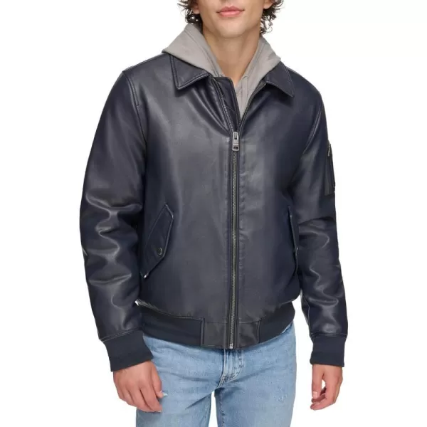 Tommy Hilfiger Mens Faux Leather Bomber JacketNavy Laydown Collar