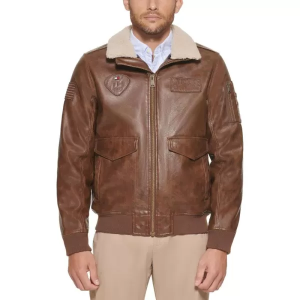 Tommy Hilfiger Mens Faux Leather Bomber JacketSaddlePatches