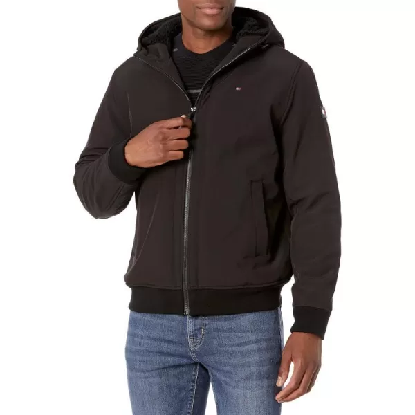 Tommy Hilfiger Mens Soft Shell Active Filled Bomber JacketBlack Sherpa Lined W Patch