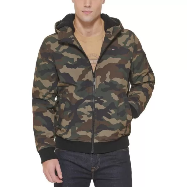 Tommy Hilfiger Mens Soft Shell Active Filled Bomber JacketCamo Sherpa Lined W Patch