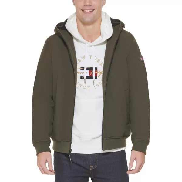 Tommy Hilfiger Mens Soft Shell Active Filled Bomber JacketOlive Sherpa Lined W Patch