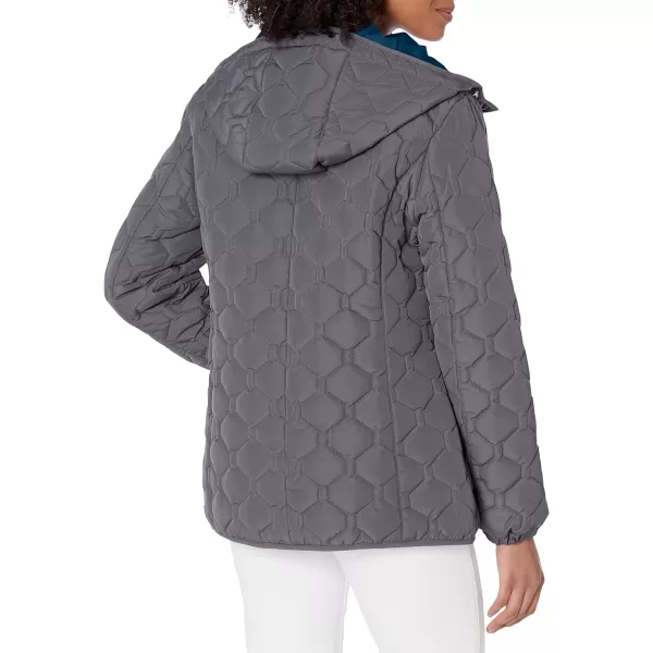 GUESS Womens LightWeight Short Hooded Quilt JacketNickel