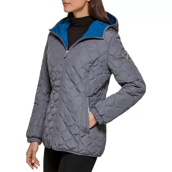 GUESS Womens LightWeight Short Hooded Quilt JacketNickel