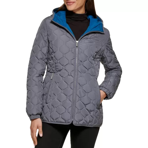 GUESS Womens LightWeight Short Hooded Quilt JacketNickel