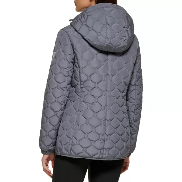 GUESS Womens LightWeight Short Hooded Quilt JacketNickel