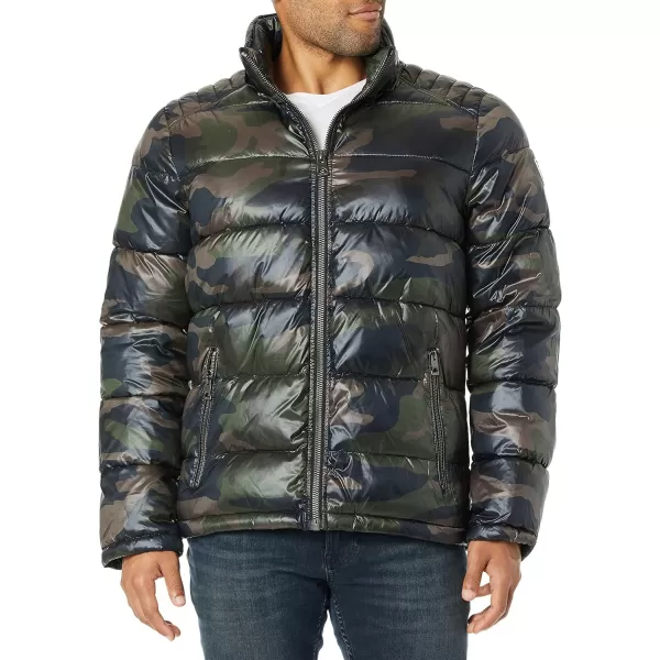 GUESS mens Midweight Puffer Jacket With Removable HoodCamo Olive