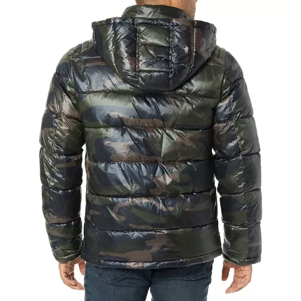 GUESS mens Midweight Puffer Jacket With Removable HoodCamo Olive