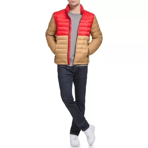 Tommy Hilfiger Mens Ultra Loft Lightweight Packable Puffer Jacket Standard and Big  TallKhakiRed Colorblock