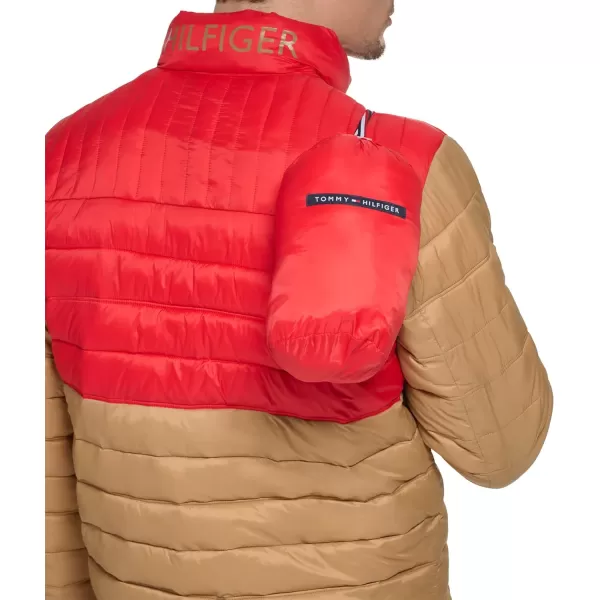 Tommy Hilfiger Mens Ultra Loft Lightweight Packable Puffer Jacket Standard and Big  TallKhakiRed Colorblock