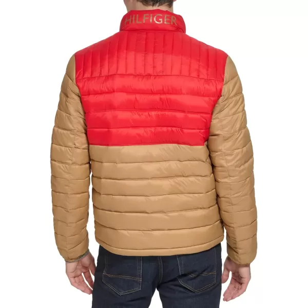 Tommy Hilfiger Mens Ultra Loft Lightweight Packable Puffer Jacket Standard and Big  TallKhakiRed Colorblock