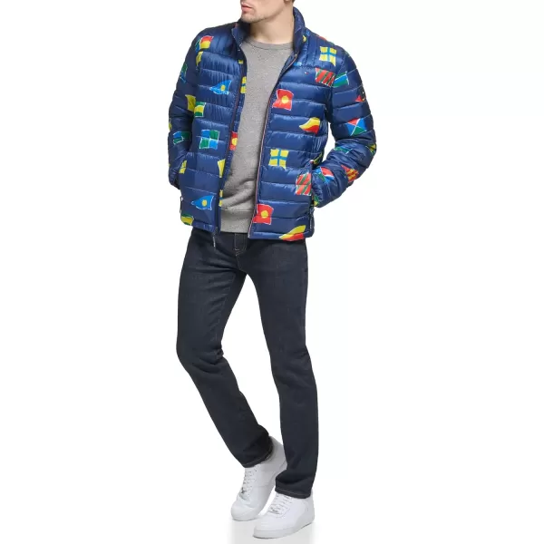 Tommy Hilfiger Mens Ultra Loft Lightweight Packable Puffer Jacket Standard and Big  TallNavy Flag Print