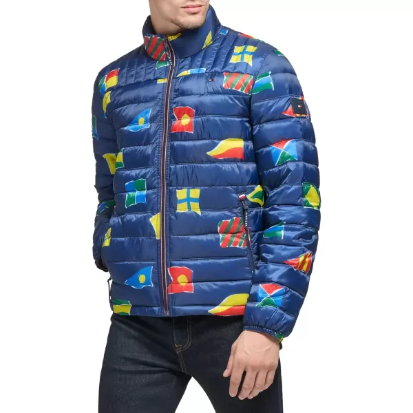 Tommy Hilfiger Mens Ultra Loft Lightweight Packable Puffer Jacket Standard and Big  TallNavy Flag Print